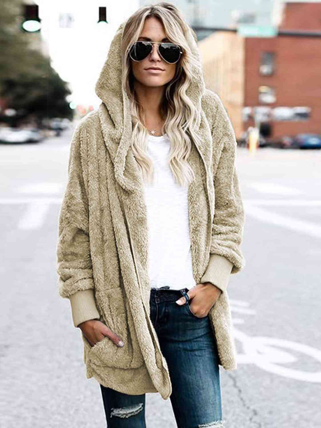 Teddy Hooded Jacket with Pockets - Trendsi - Flyclothing LLC
