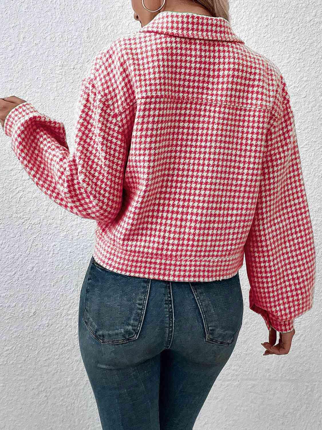 Houndstooth Collared Neck Button Up Jacket - Trendsi