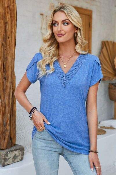 V-Neck Petal Sleeve T-Shirt - Trendsi - Flyclothing LLC