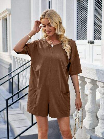 Backless Pocketed Round Neck Half Sleeve Romper - Trendsi - Flyclothing LLC