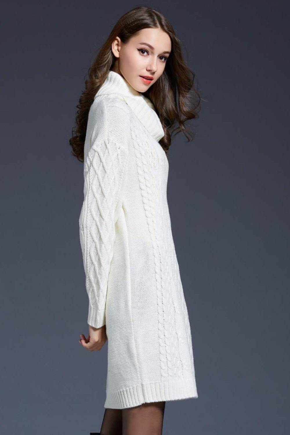 Full Size Mixed Knit Cowl Neck Dropped Shoulder Sweater Dress - Trendsi