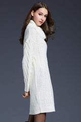 Full Size Mixed Knit Cowl Neck Dropped Shoulder Sweater Dress - Trendsi