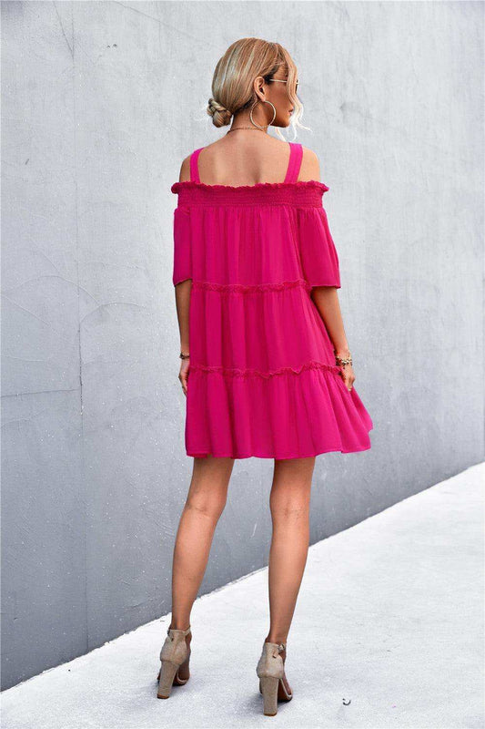 Cold-Shoulder Frill Trim Tiered Dress - Trendsi - Flyclothing LLC