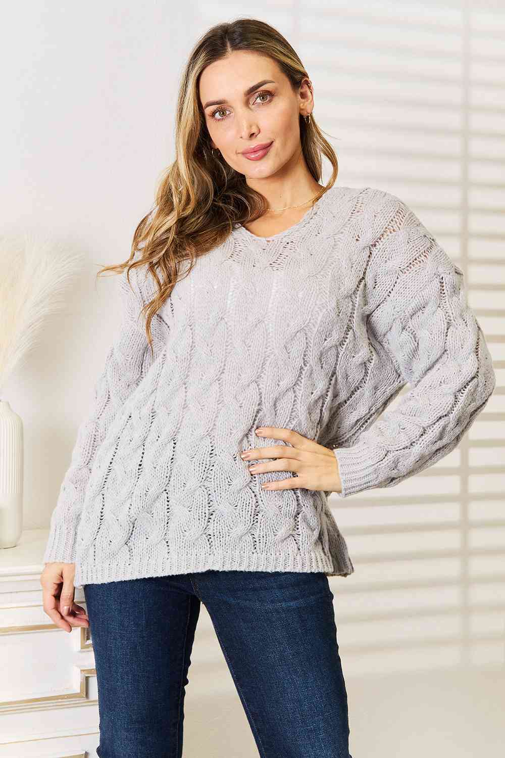 Woven Right Cable-Knit Hooded Sweater - Trendsi - Flyclothing LLC