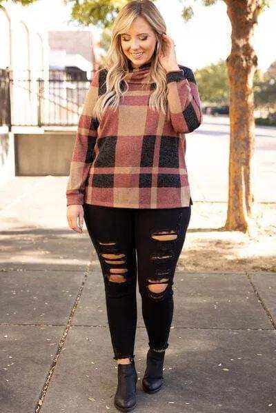 Plus Size Plaid Cowl Neck Long Sleeve Sweatshirt - Trendsi - Flyclothing LLC