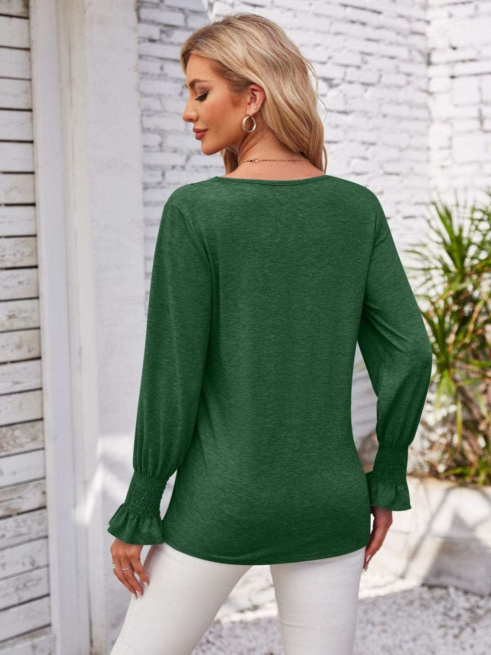 Smocked V-Neck Long Sleeve Blouse - Trendsi - Flyclothing LLC