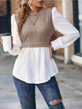 Contrast Round Neck Puff Sleeve Blouse - Trendsi - Flyclothing LLC