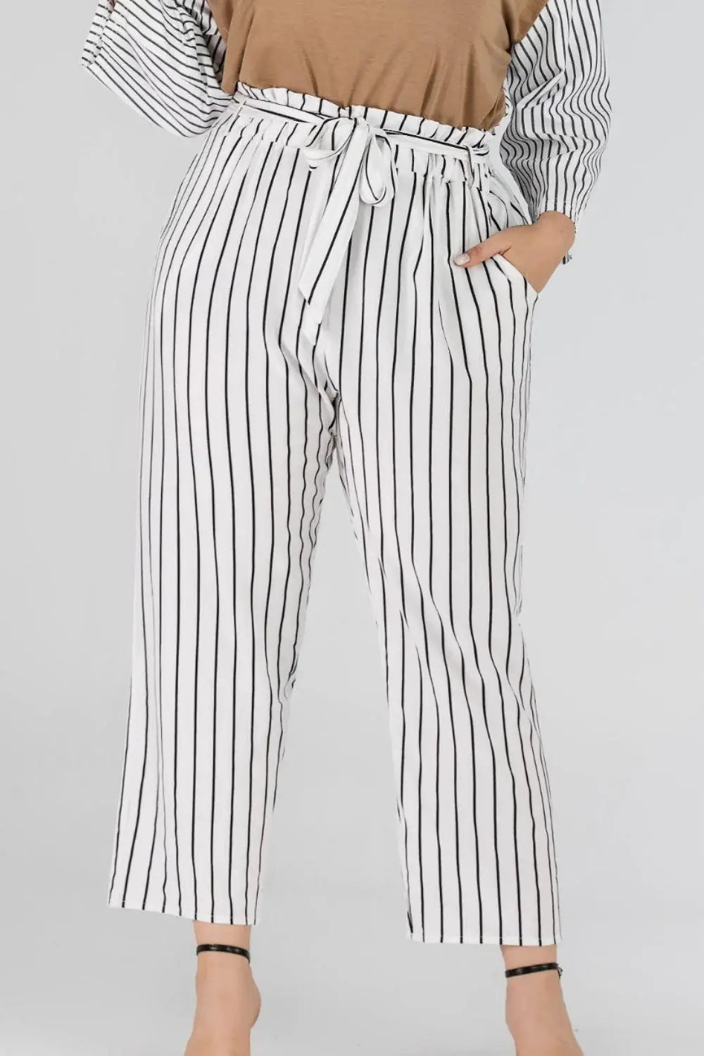 Full Size Striped Paperbag Waist Cropped Pants - Trendsi - Flyclothing LLC