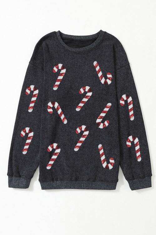 Sequin Candy Cane Round Neck Sweatshirt - Trendsi - Flyclothing LLC