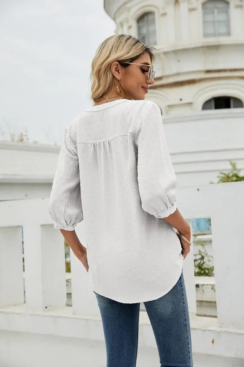 Swiss Dot Notched Neck Three-Quarter Sleeve Blouse - Trendsi - Flyclothing LLC