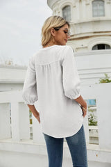 Swiss Dot Notched Neck Three-Quarter Sleeve Blouse - Trendsi - Flyclothing LLC