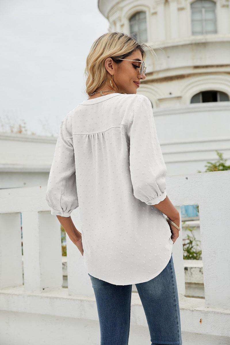 Swiss Dot Notched Neck Three-Quarter Sleeve Blouse - Trendsi - Flyclothing LLC