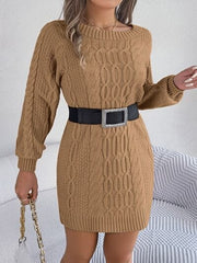 Cable-Knit Round Neck Sweater Dress - Trendsi