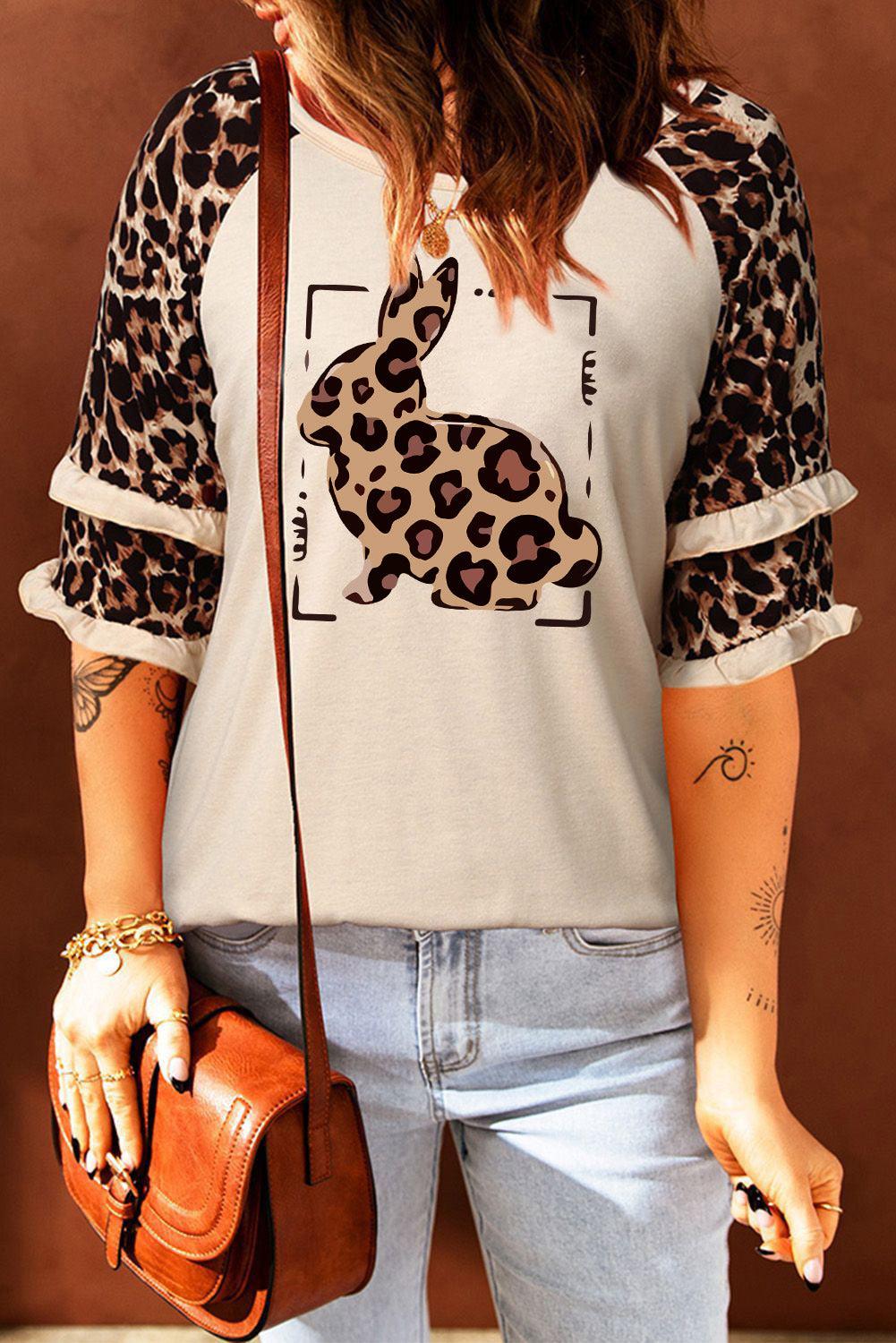 Leopard Bunny Graphic Layered Sleeve T-Shirt - Flyclothing LLC