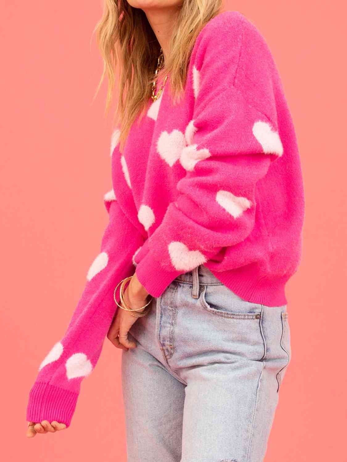 Heart Round Neck Drop Shoulder Sweater - Trendsi - Flyclothing LLC