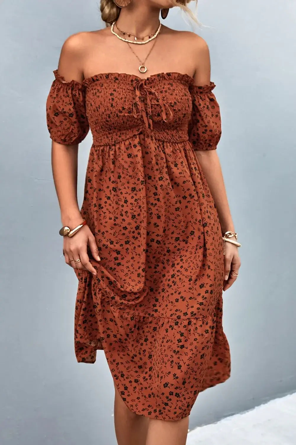 Ditsy Floral Smocked Frill Trim Off-Shoulder Dress - Trendsi - Flyclothing LLC