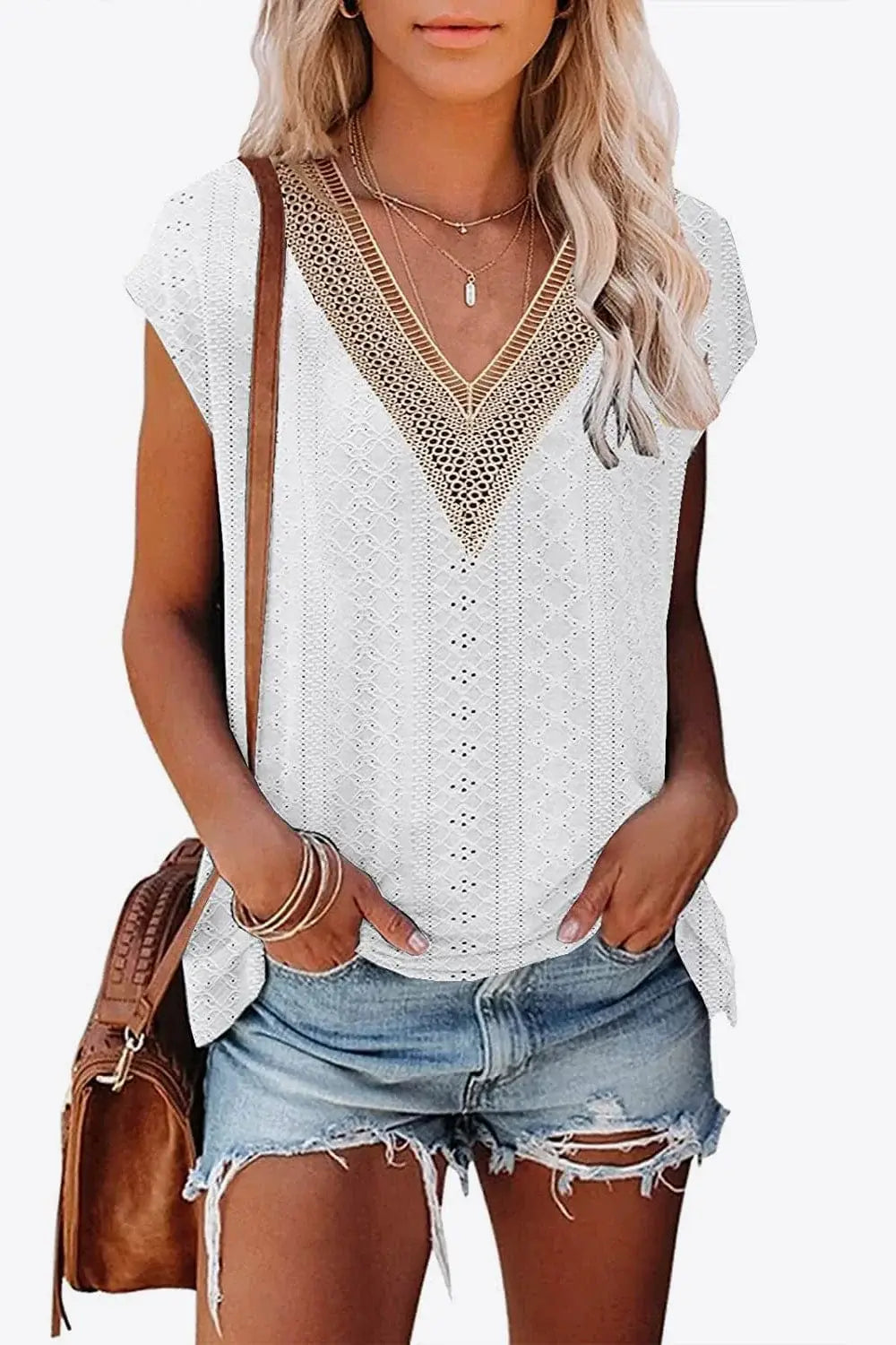 Eyelet Contrast V-Neck Tee - Trendsi - Flyclothing LLC