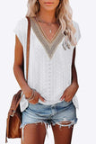 Eyelet Contrast V-Neck Tee - Trendsi - Flyclothing LLC