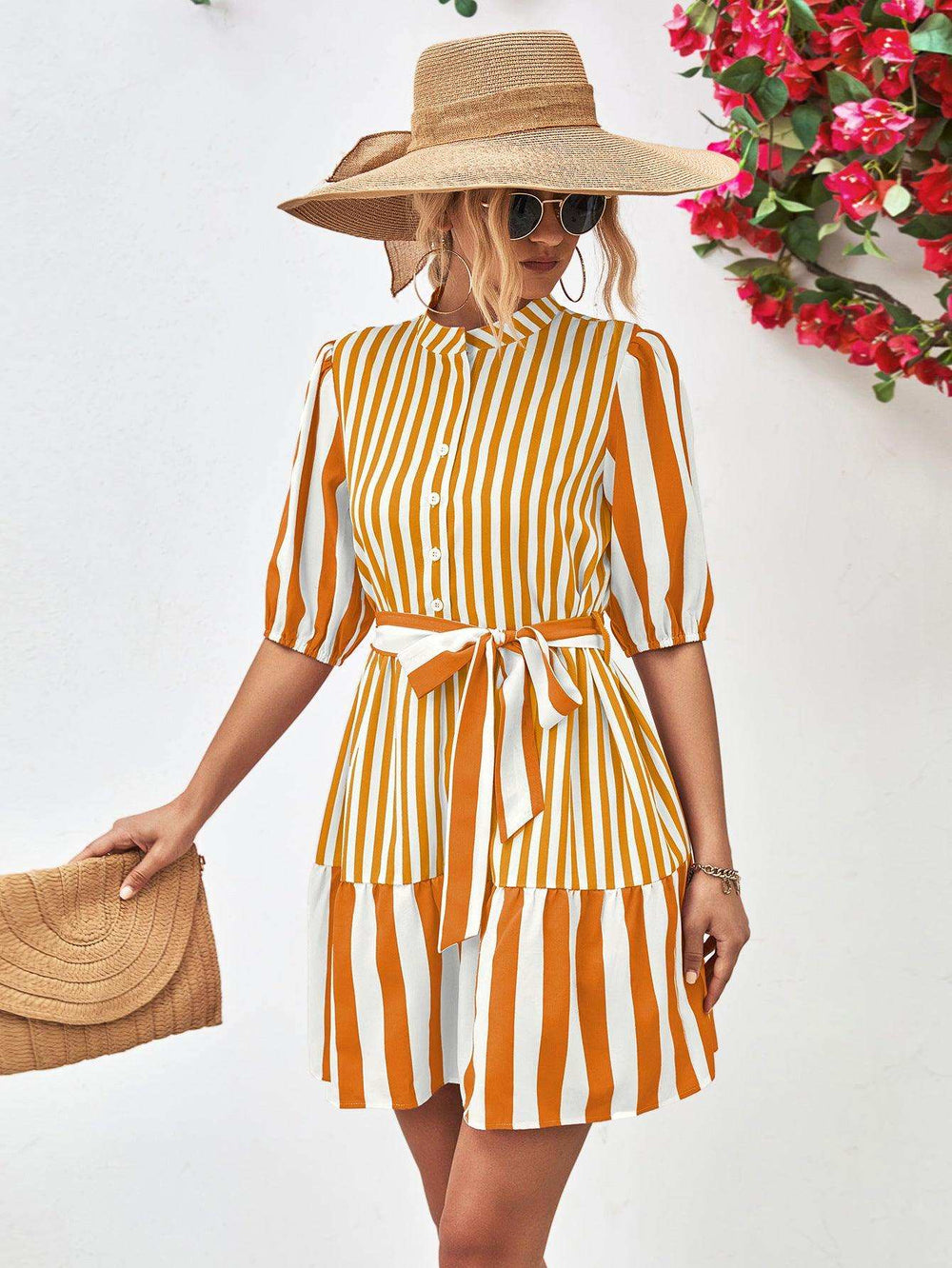 Striped Half Sleeve Tie Waist Mini Dress - Trendsi - Flyclothing LLC