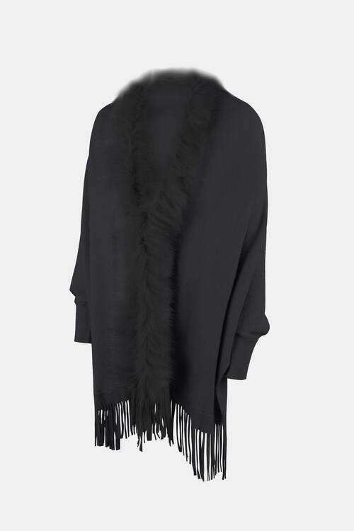 Fringe Open Front Long Sleeve Poncho - Trendsi - Flyclothing LLC