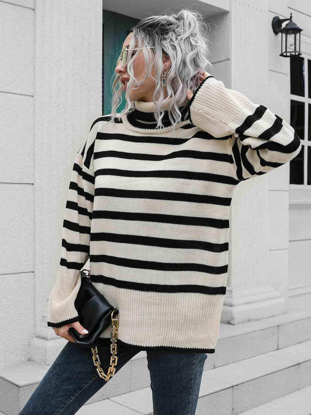 Striped Slit Turtleneck Drop Shoulder Sweater - Trendsi - Flyclothing LLC