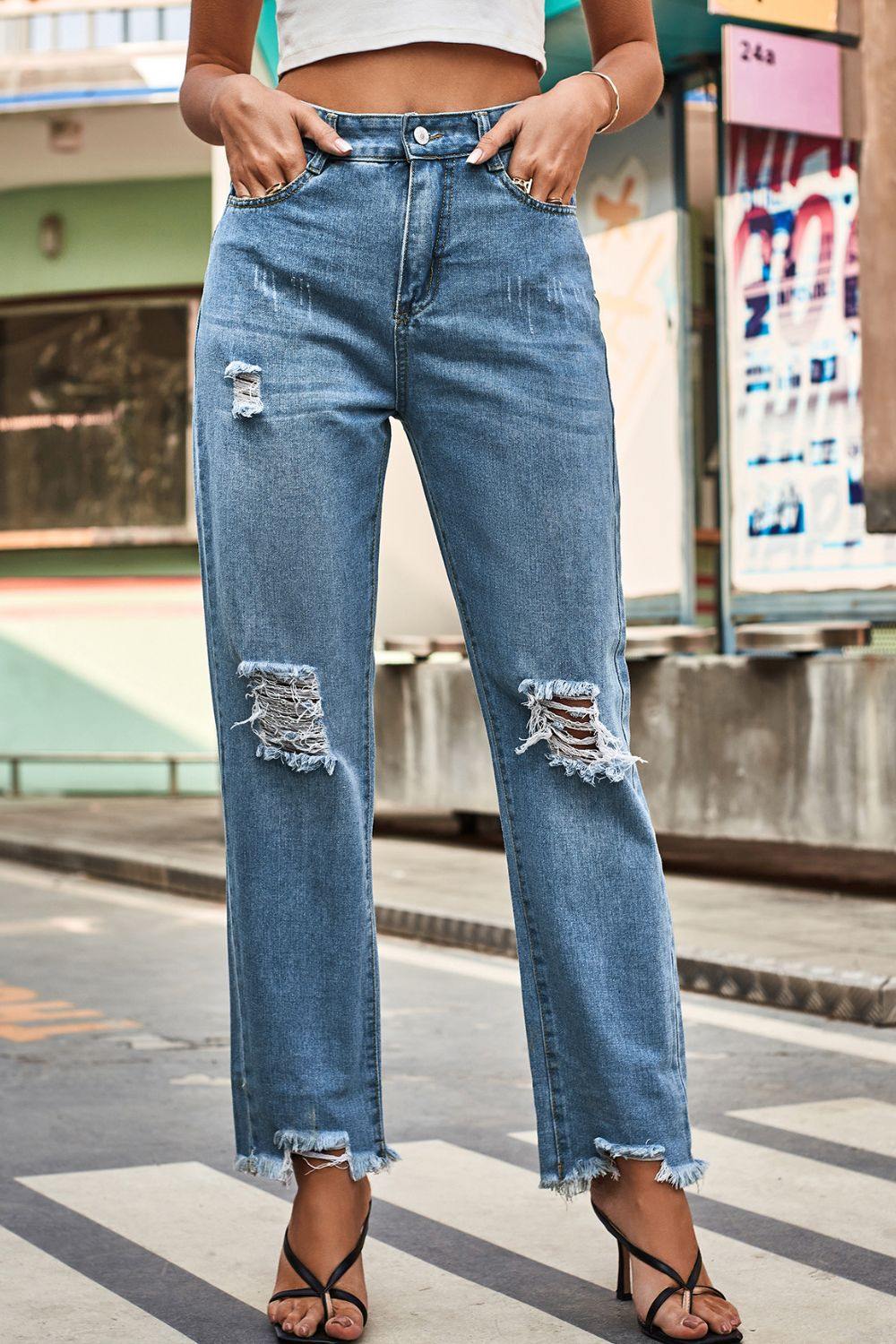 Distresssed Buttoned Loose Fit Jeans - Trendsi