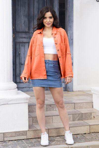 Raw Hem Pocketed Collared Neck Denim Jacket - Trendsi - Flyclothing LLC