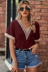 Openwork V-Neck Short Sleeve T-Shirt - Trendsi - Flyclothing LLC