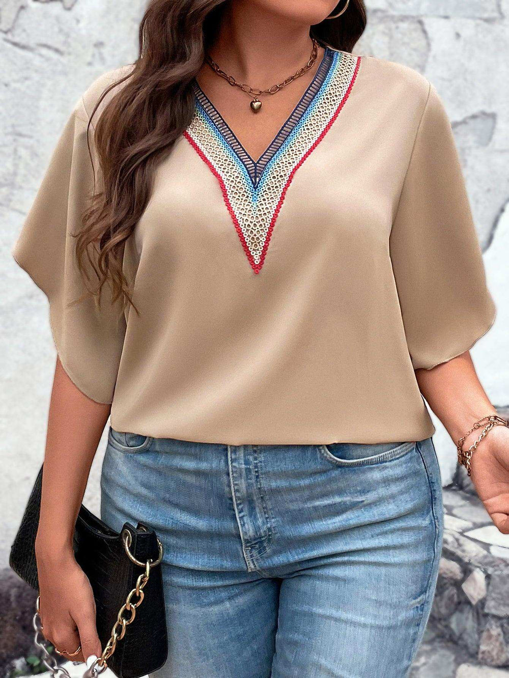 Plus Size V-Neck Flutter Sleeve Blouse - Trendsi - Flyclothing LLC