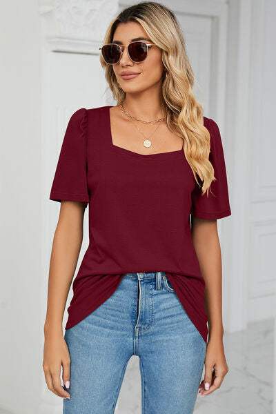Square Neck Short Sleeve T-Shirt - Trendsi - Flyclothing LLC
