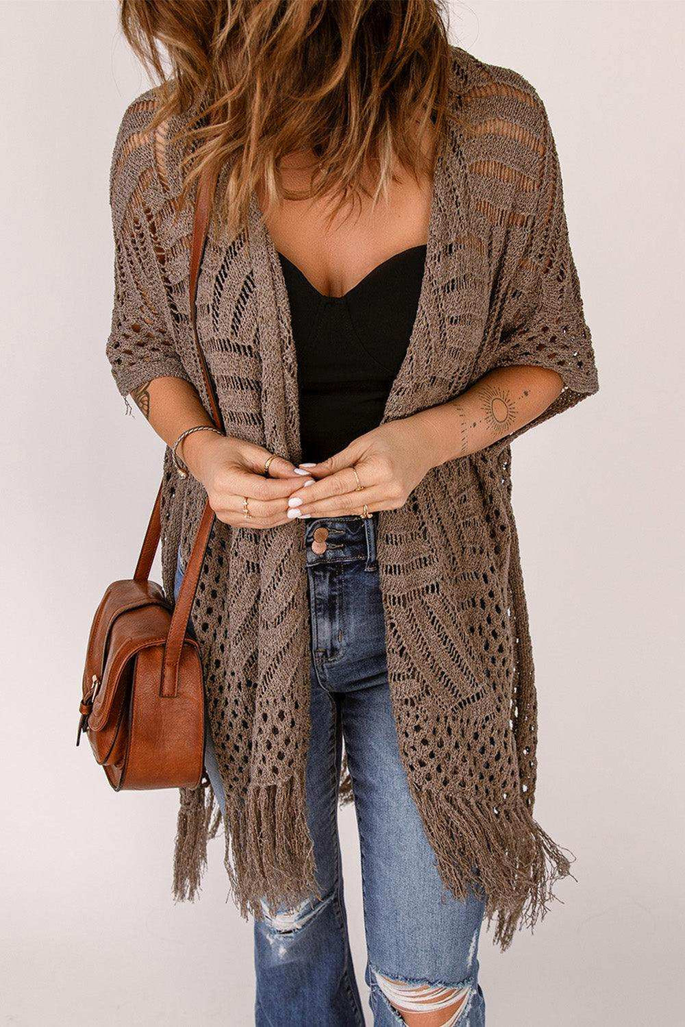 Fringe Hem Slit Open Front Cardigan - Trendsi - Flyclothing LLC