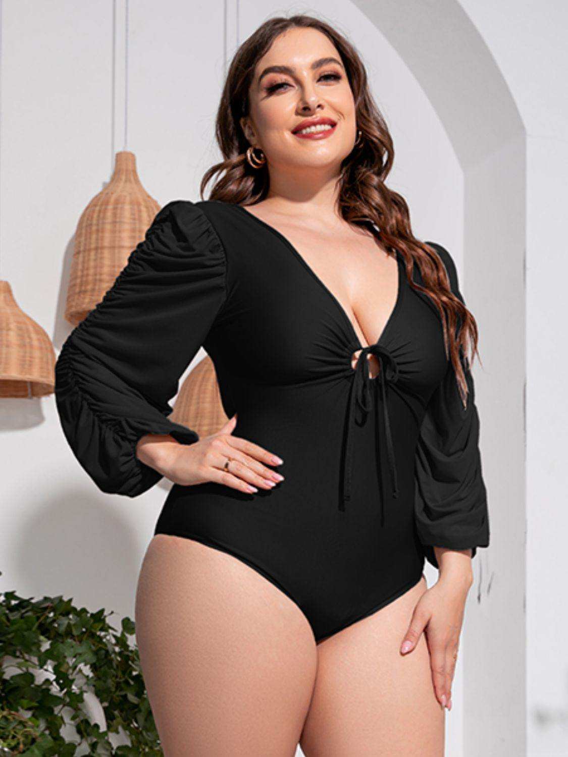 Plus Size Tied Deep V Balloon Sleeve One-Piece Swimsuit - Trendsi - Flyclothing LLC