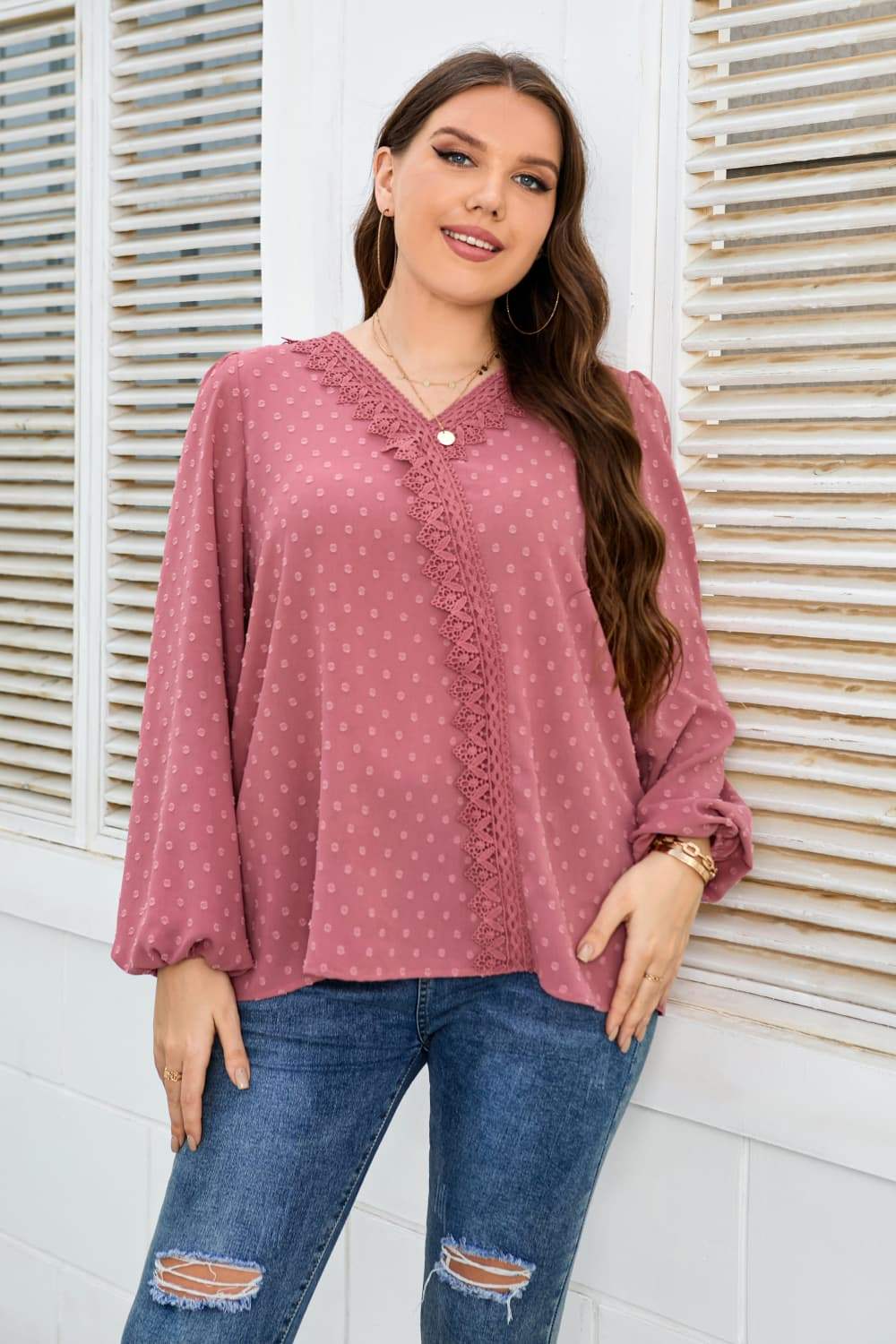 Plus Size Lace Trim V-Neck Balloon Sleeve Blouse - Trendsi - Flyclothing LLC