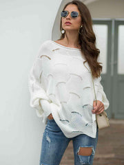 Full Size Boat Neck Lantern Sleeve Openwork Knit Top - Trendsi