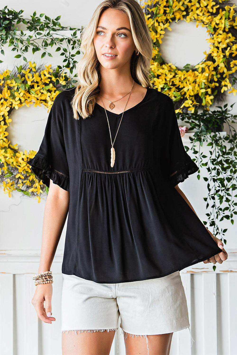 V-Neck Flounce Sleeve Babydoll Blouse - Trendsi - Flyclothing LLC
