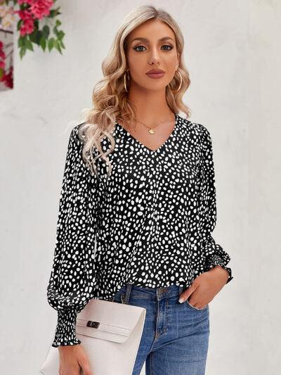 Printed V-Neck Lantern Sleeve Blouse - Trendsi
