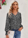 Printed V-Neck Lantern Sleeve Blouse - Trendsi