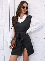 Tie Front V-Neck Sleeveless Slit Sweater Dress - Trendsi - Flyclothing LLC
