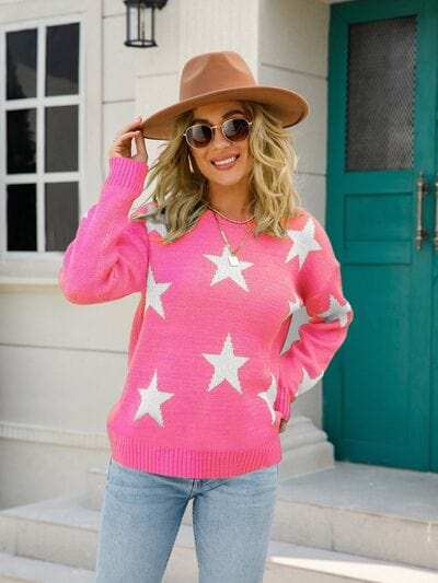 Star Round Neck Dropped Shoulder Sweater - Trendsi - Flyclothing LLC