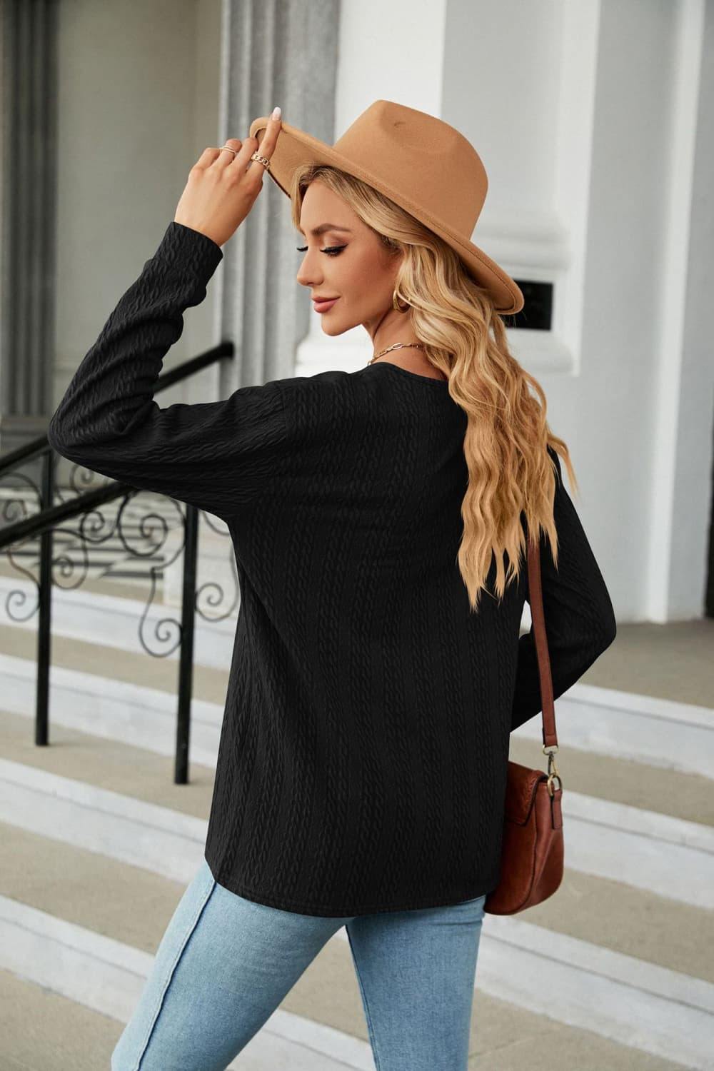Decorative Button V-Neck Long Sleeve T-Shirt - Trendsi