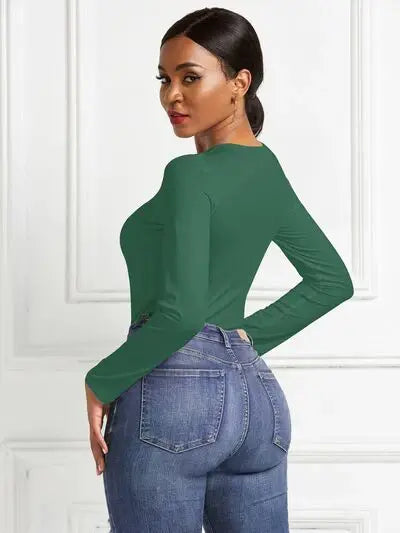 Round Neck Long Sleeve Bodysuit - Trendsi - Flyclothing LLC