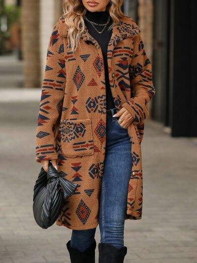 Geometric Pocketed Dropped Shoulder Coat - Trendsi - Flyclothing LLC
