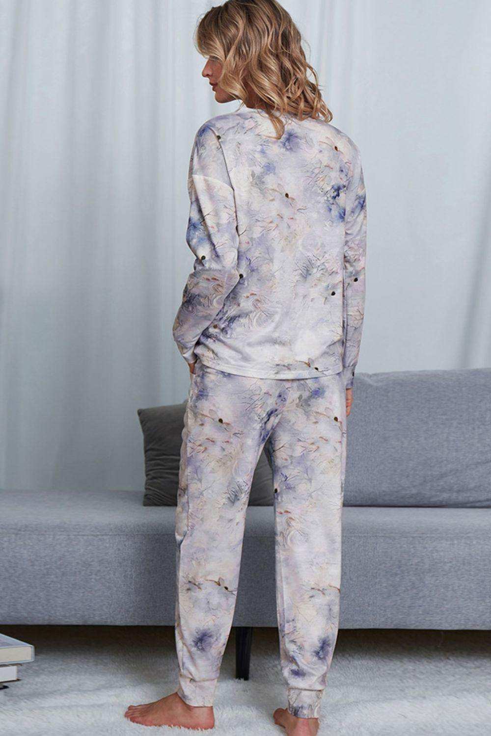 Tie-Dye Crewneck Top and Drawstring Waist Joggers Lounge Set - Trendsi - Flyclothing LLC