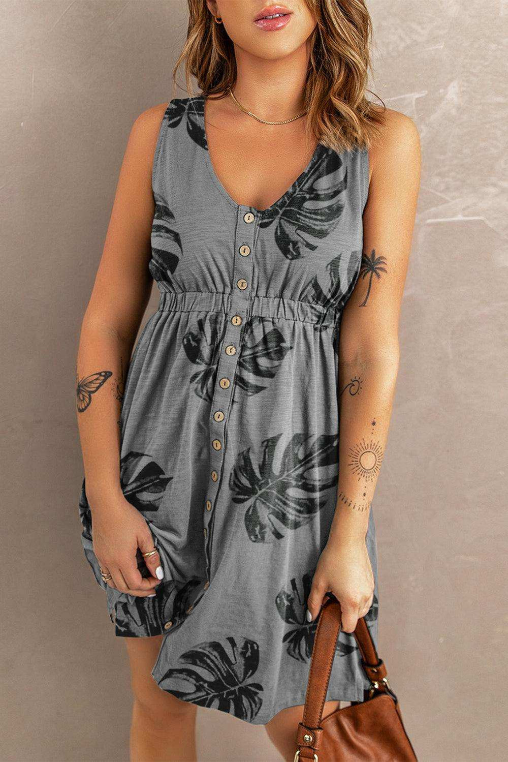 Buttoned Round Neck Sleeveless Mini Magic Dress - Trendsi - Flyclothing LLC