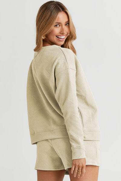 Double Take Full Size Texture Long Sleeve Top and Drawstring Shorts Set - Trendsi - Flyclothing LLC