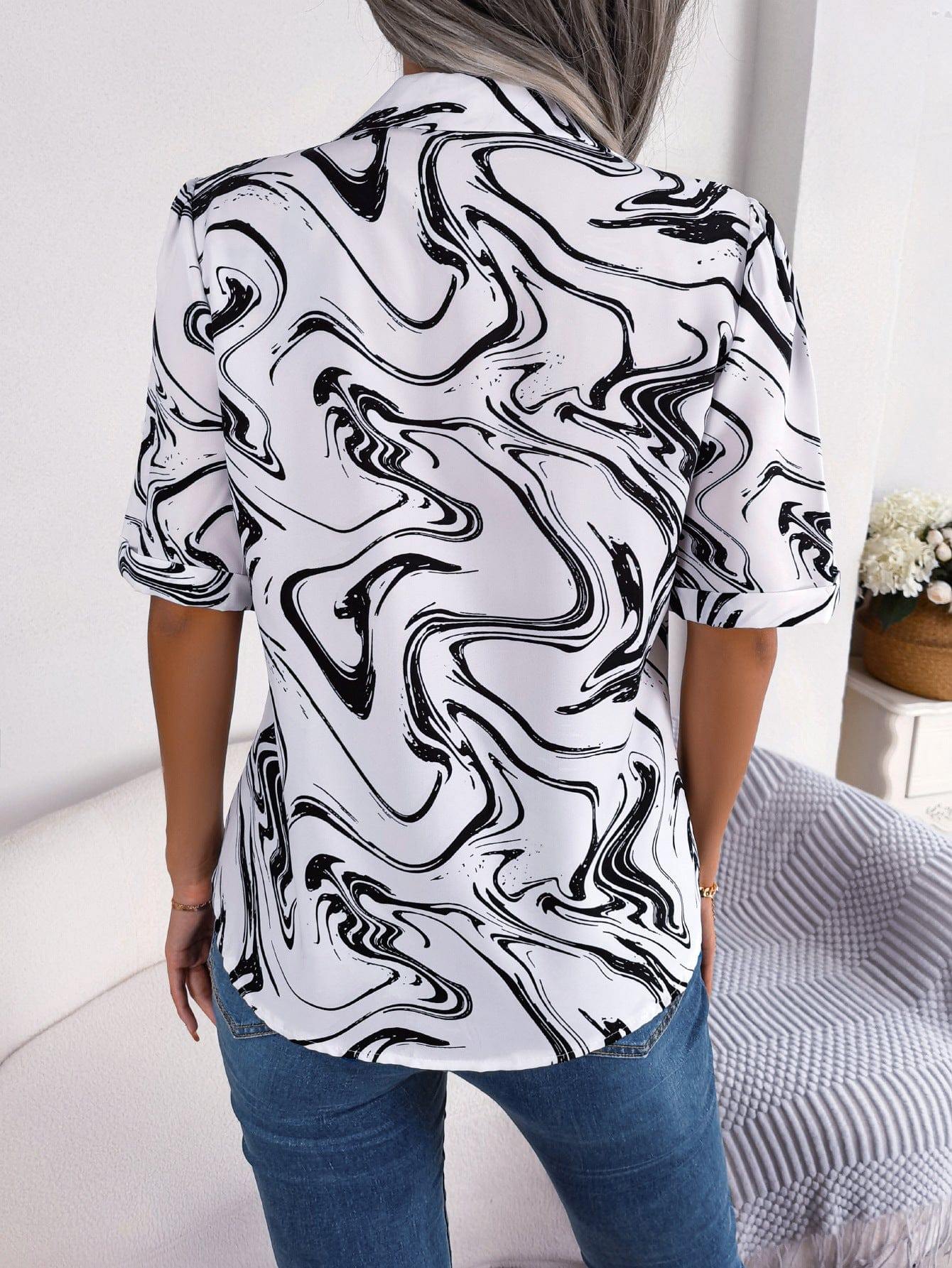 Printed Lapel Collar Shirt - Trendsi