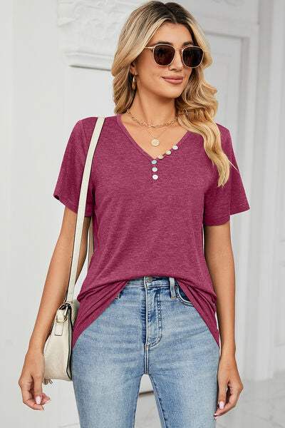 V-Neck Short Sleeve T-Shirt - Trendsi - Flyclothing LLC