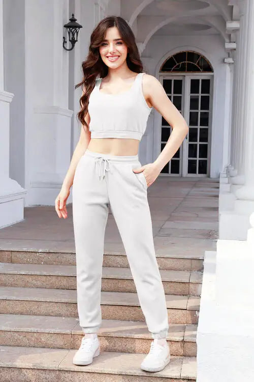 Waffle-Knit Cropped Tank and Drawstring Pants Set - Trendsi - Flyclothing LLC
