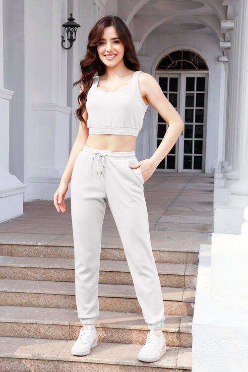 Waffle-Knit Cropped Tank and Drawstring Pants Set - Trendsi - Flyclothing LLC