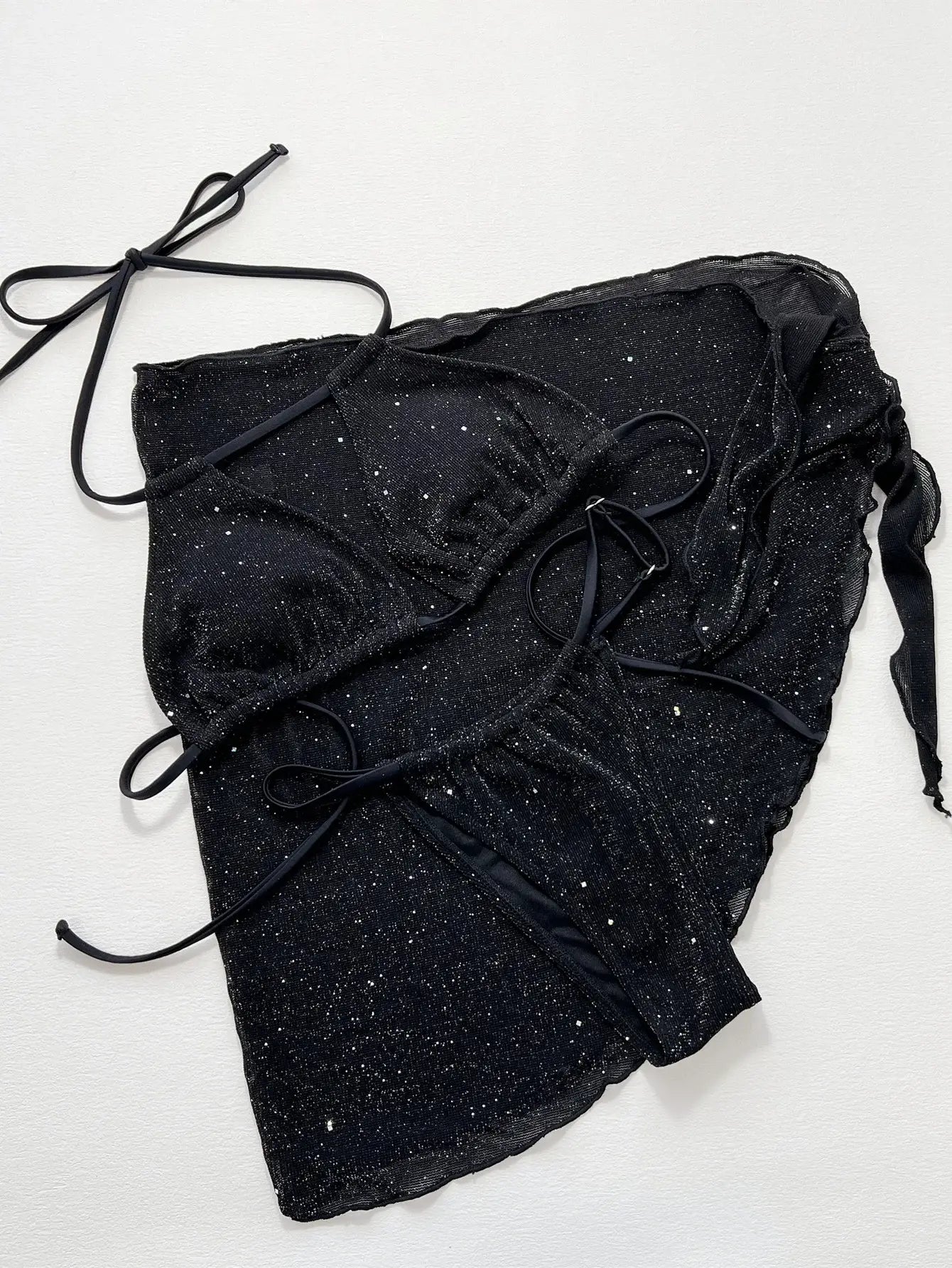 Glitter Halter Neck Backless Three-Piece Swim Set - Trendsi - Flyclothing LLC
